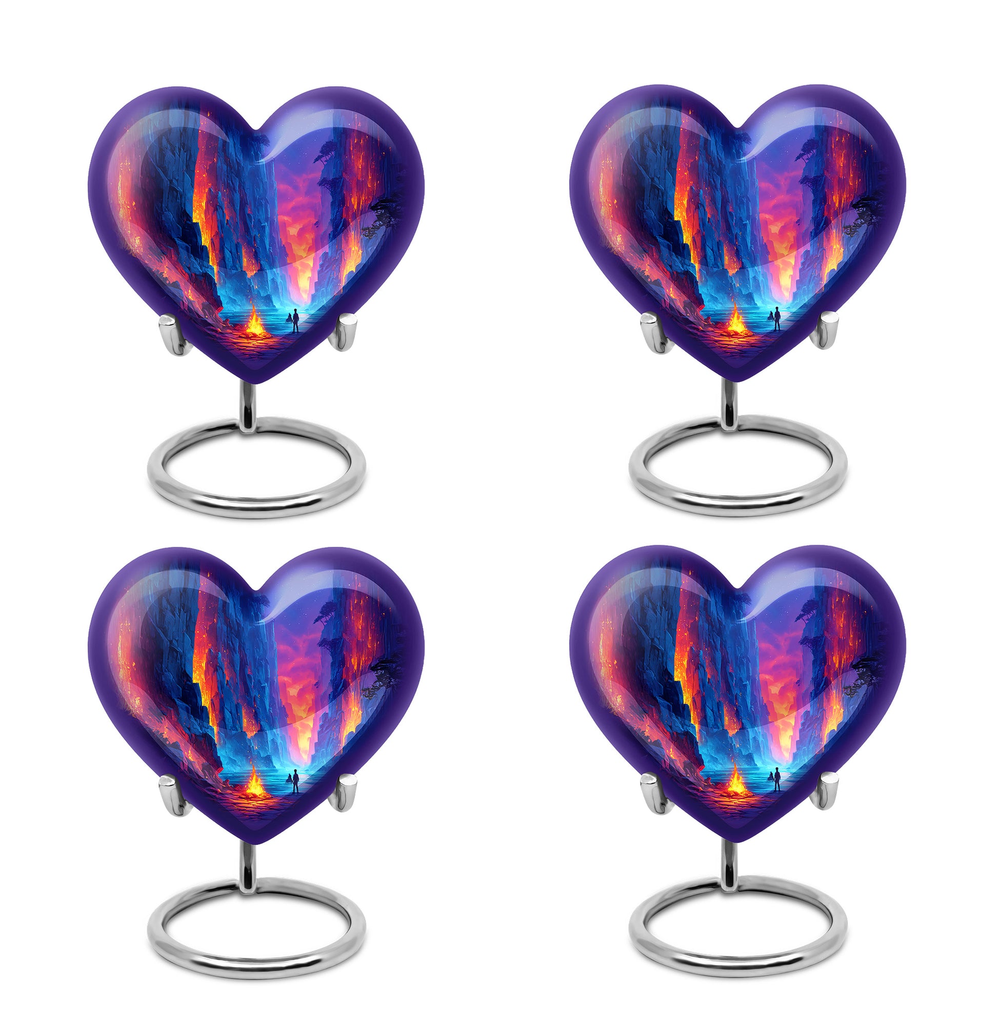 Misty Blue Campfire Cremation Urn angled view of lid and engraved motif - loving heart memorial featuring campfire pattern - 10 inch aluminum urn for cremated remains