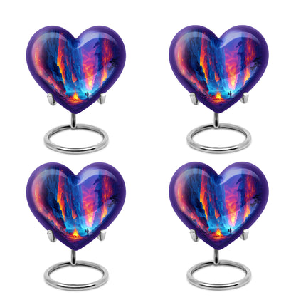 Misty Blue Campfire Cremation Urn angled view of lid and engraved motif - loving heart memorial featuring campfire pattern - 10 inch aluminum urn for cremated remains