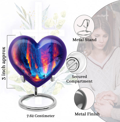 Slate Blue Campfire Cremation Urn front view showing detailed design - loving heart memorial featuring campfire pattern - mini keepsake memorial for portion of cremation ashes