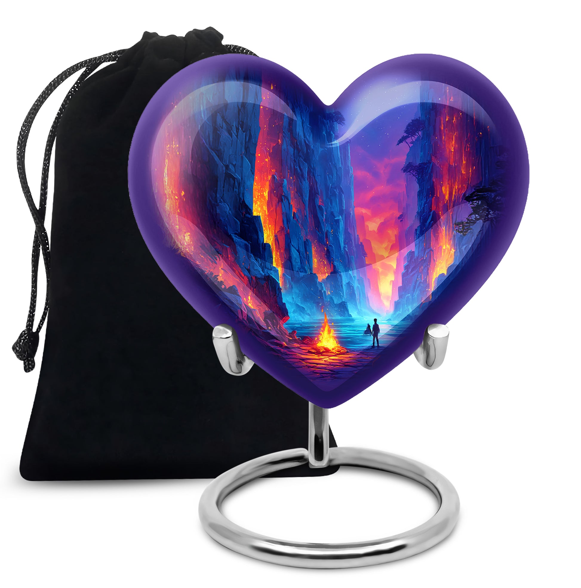 Celestial Blue Campfire Cremation Urn detail view - heart-shaped campfire design symbolizing eternal love - full-size 10 inch 200 cubic inch adult cremation urn