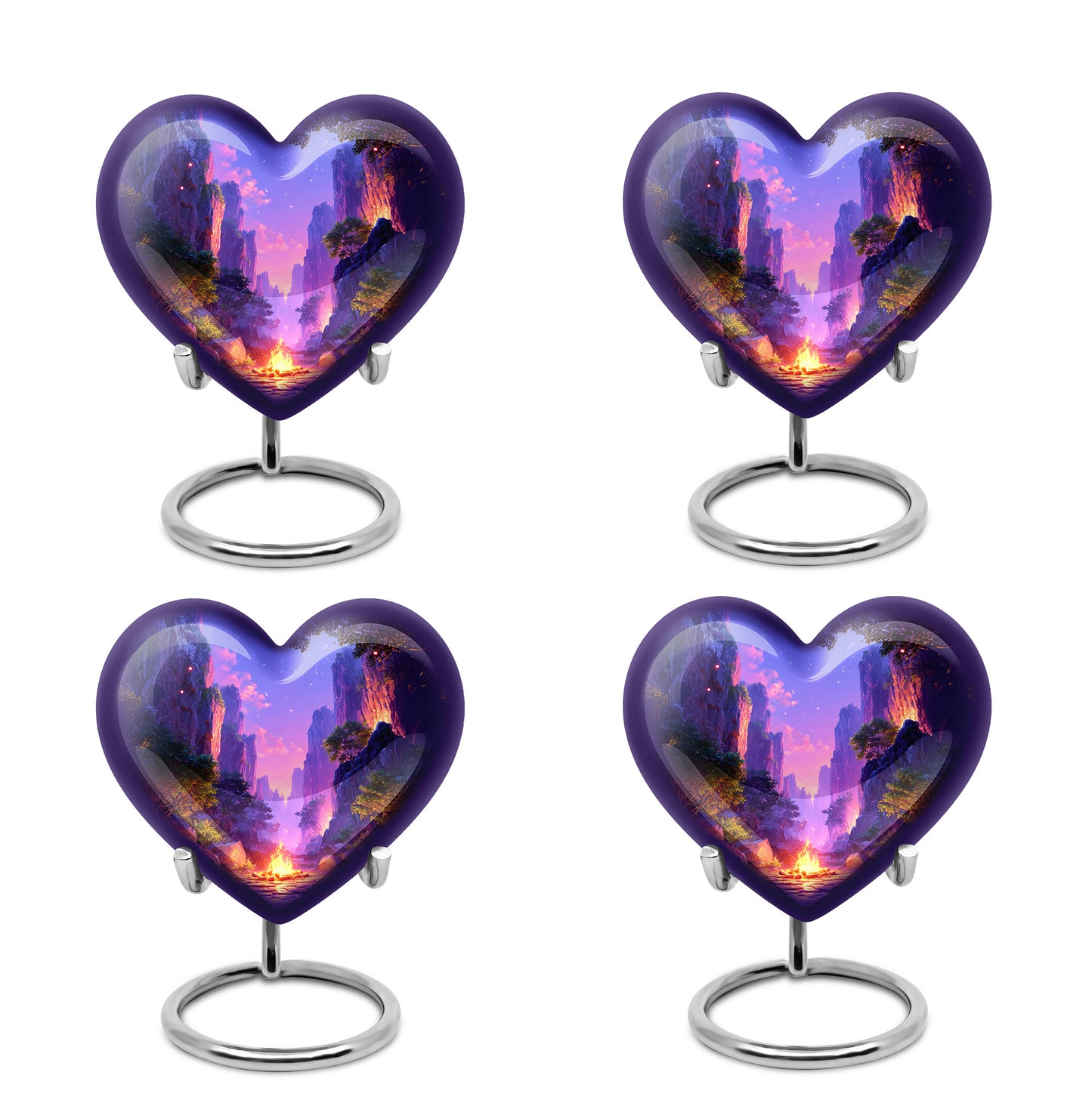 Royal Blue Campfire Cremation Urn angled view of lid and engraved motif - romantic heart urn with campfire motif on aluminum - 10 inch aluminum urn for cremated remains