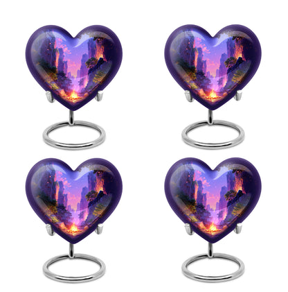 Royal Blue Campfire Cremation Urn angled view of lid and engraved motif - romantic heart urn with campfire motif on aluminum - 10 inch aluminum urn for cremated remains