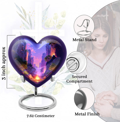 Icy Blue Campfire Cremation Urn front view showing detailed design - loving heart memorial featuring campfire pattern - mini keepsake memorial for portion of cremation ashes