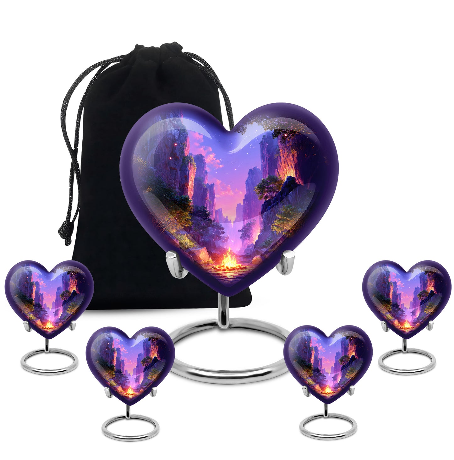 Indigo Campfire Cremation Urn close-up of engraving and surface detail - heart-shaped campfire design symbolizing eternal love - memorial set with one large and four small urns