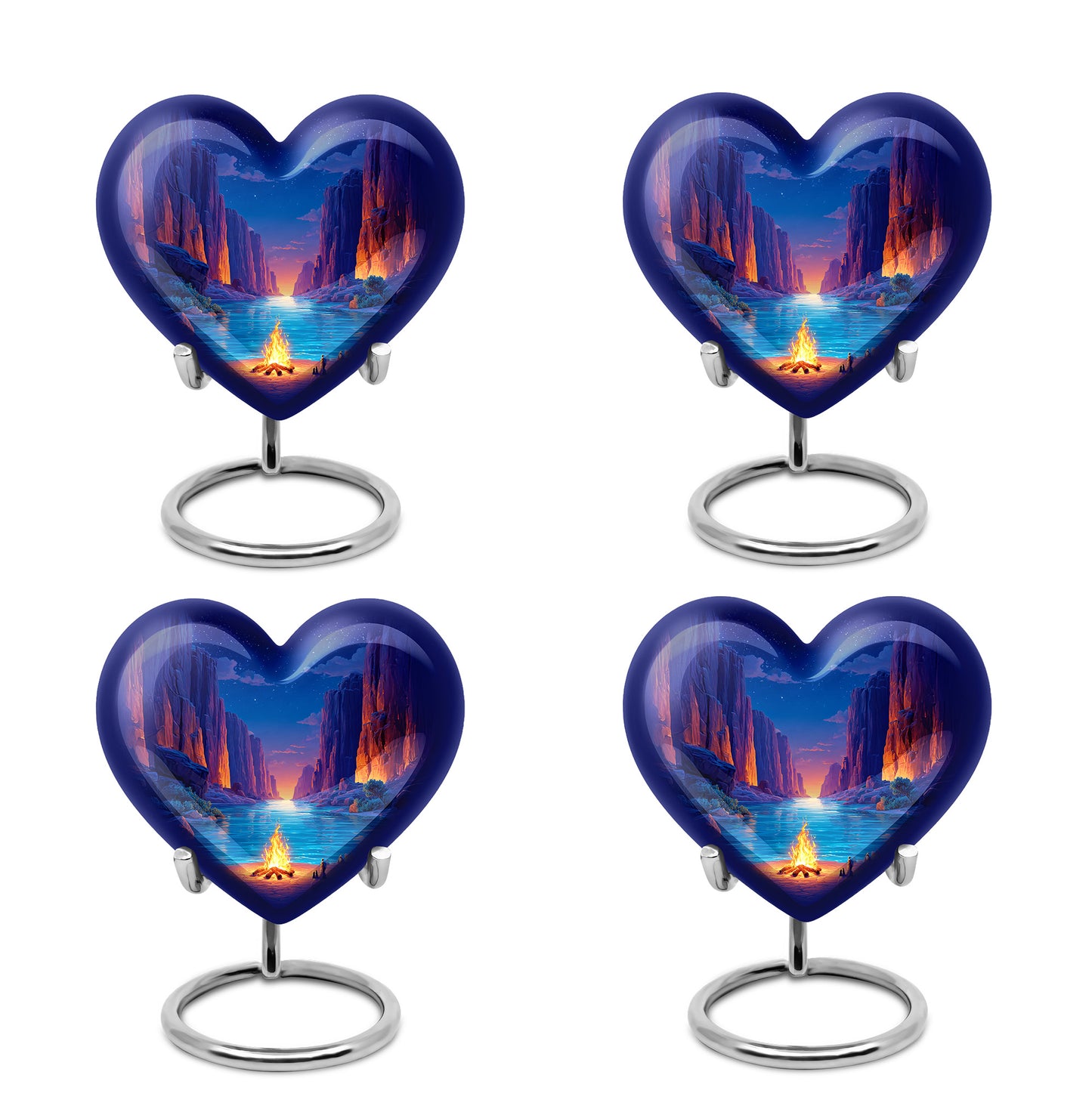 Indigo Campfire Cremation Urn angled view of lid and engraved motif - heart-shaped campfire design symbolizing eternal love - 10 inch aluminum urn for cremated remains