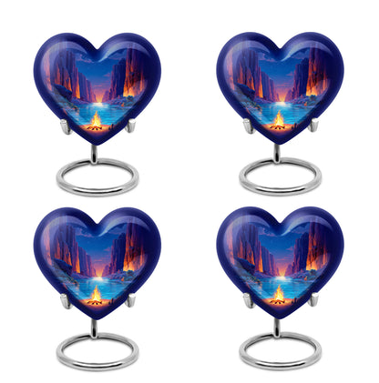 Indigo Campfire Cremation Urn angled view of lid and engraved motif - heart-shaped campfire design symbolizing eternal love - 10 inch aluminum urn for cremated remains