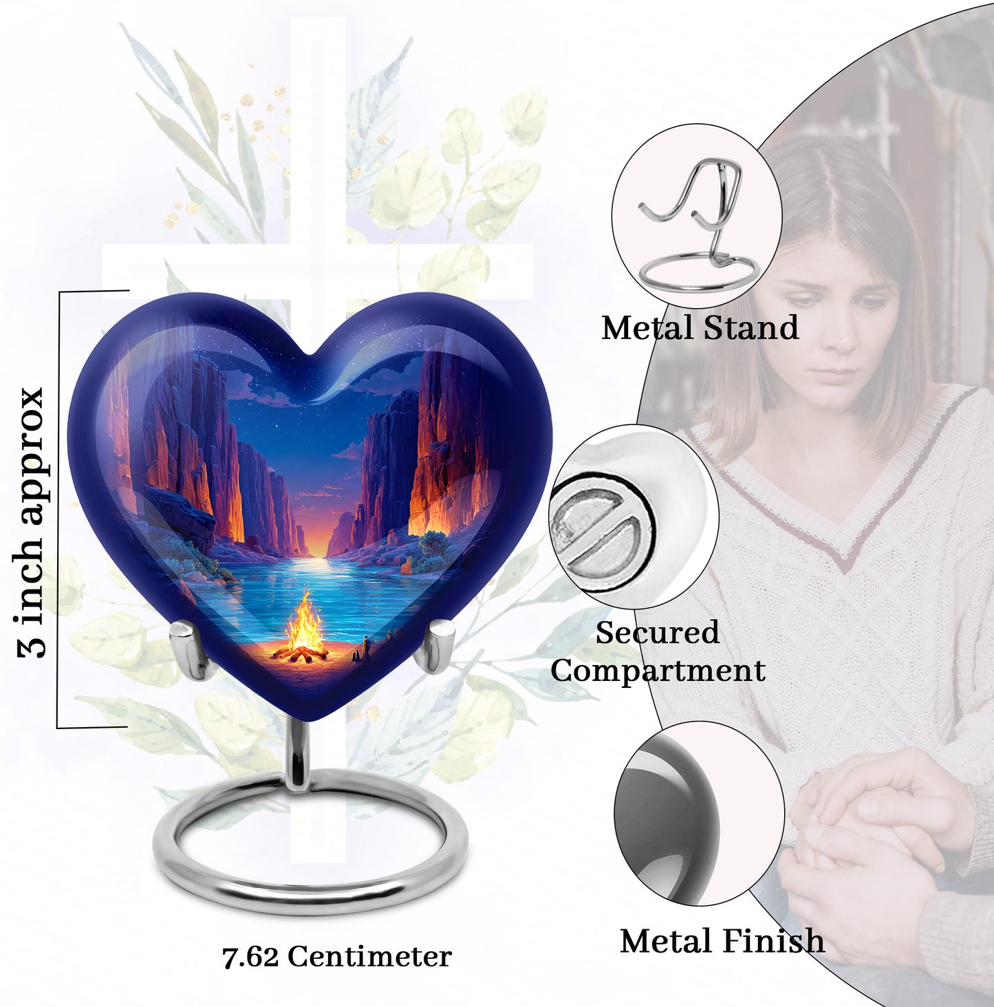 Cobalt Blue Campfire Cremation Urn front view showing detailed design - compassionate heart-campfire combination with gentle curves - mini keepsake memorial for portion of cremation ashes