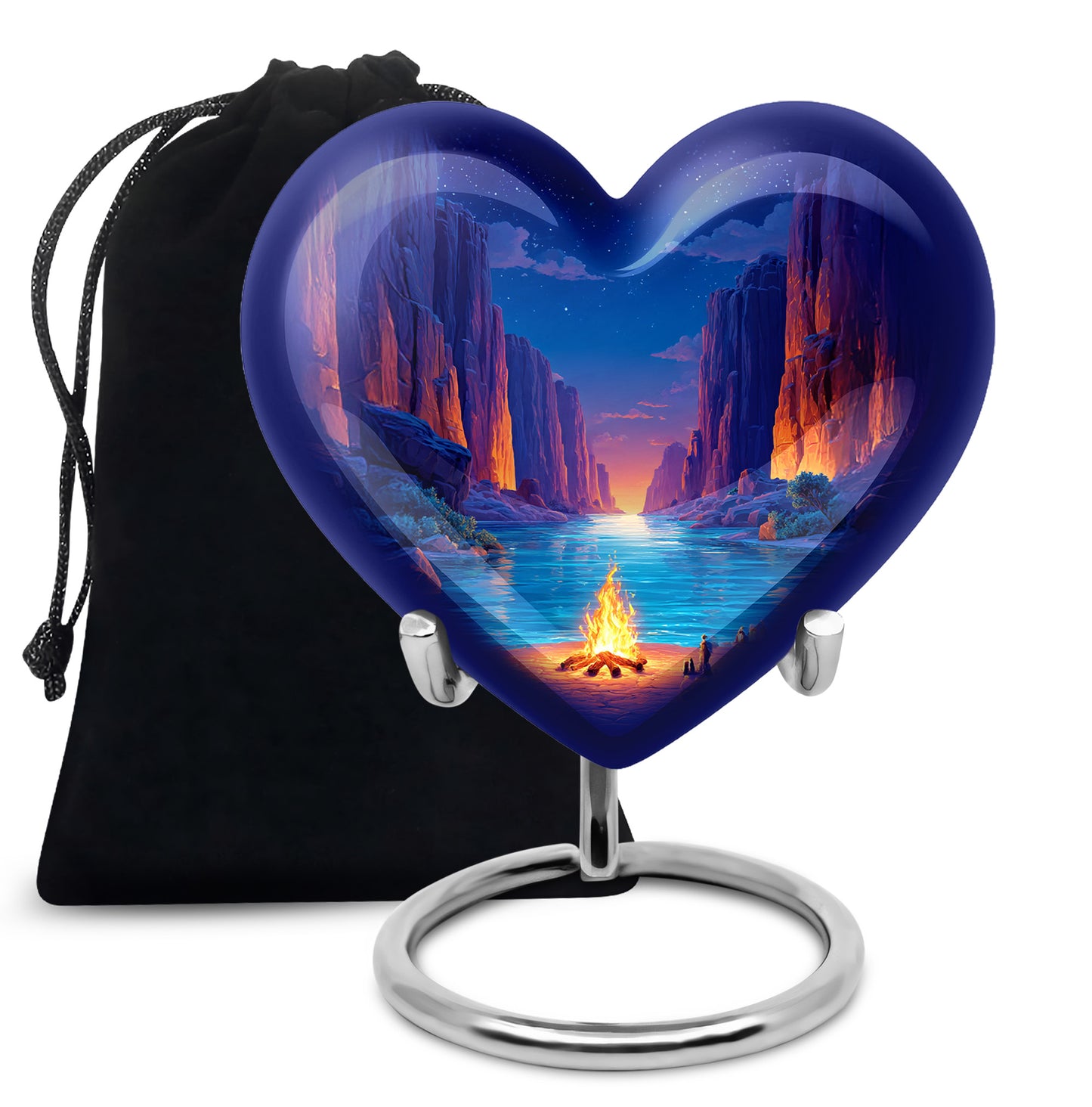 Celestial Blue Campfire Cremation Urn detail view - loving heart memorial featuring campfire pattern - full-size 10 inch 200 cubic inch adult cremation urn