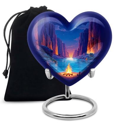 Celestial Blue Campfire Cremation Urn detail view - loving heart memorial featuring campfire pattern - full-size 10 inch 200 cubic inch adult cremation urn