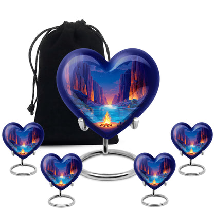 Slate Blue Campfire Cremation Urn close-up of engraving and surface detail - heart-shaped campfire design symbolizing eternal love - memorial set with one large and four small urns
