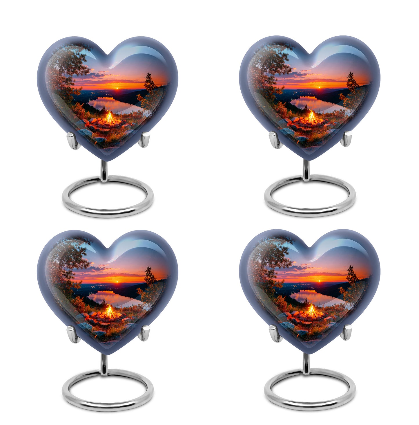Steel Blue Campfire Cremation Urn angled view of lid and engraved motif - compassionate heart-campfire combination with gentle curves - 10 inch aluminum urn for cremated remains