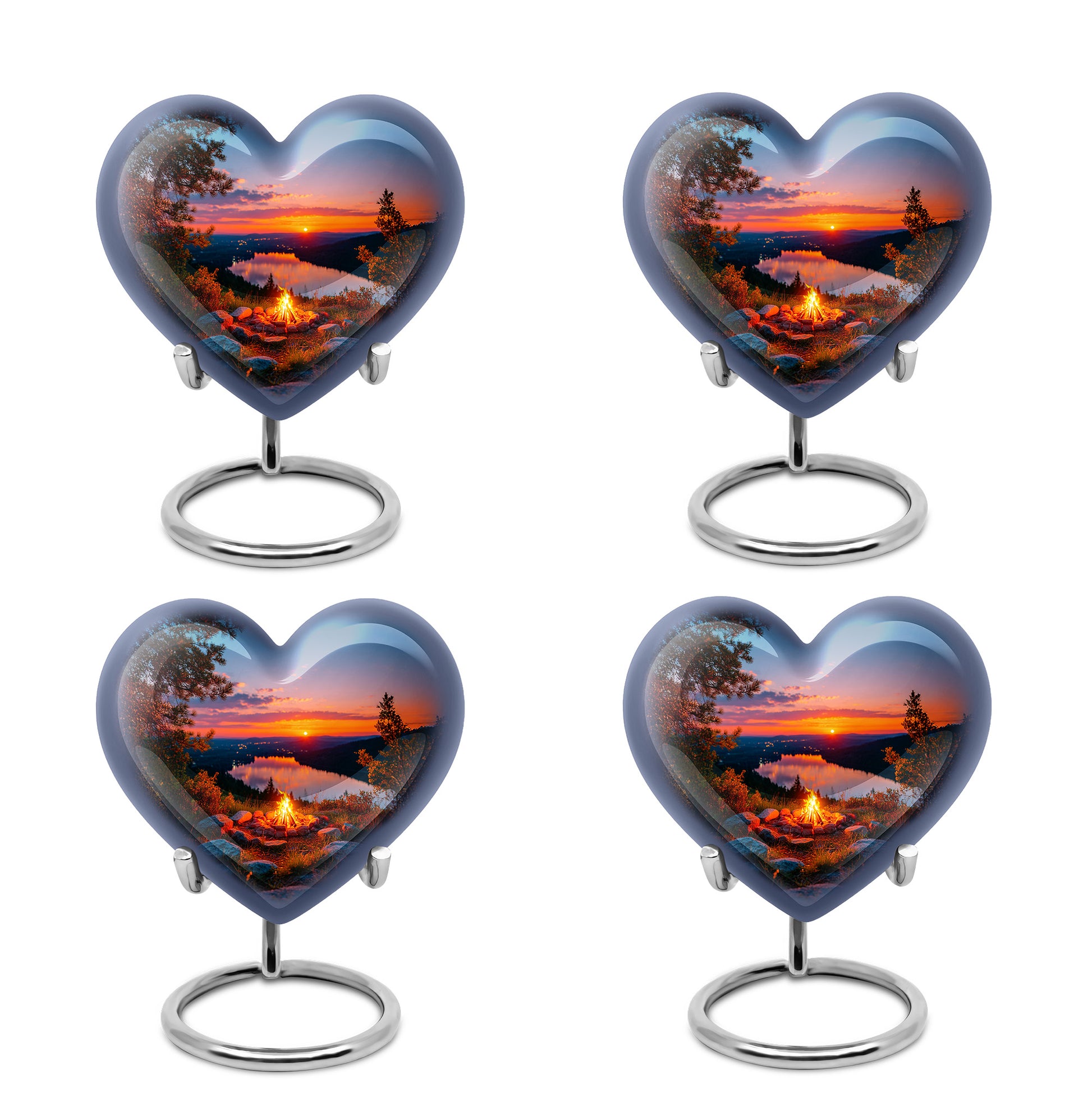 Steel Blue Campfire Cremation Urn angled view of lid and engraved motif - compassionate heart-campfire combination with gentle curves - 10 inch aluminum urn for cremated remains
