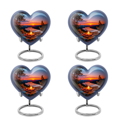 Steel Blue Campfire Cremation Urn angled view of lid and engraved motif - compassionate heart-campfire combination with gentle curves - 10 inch aluminum urn for cremated remains