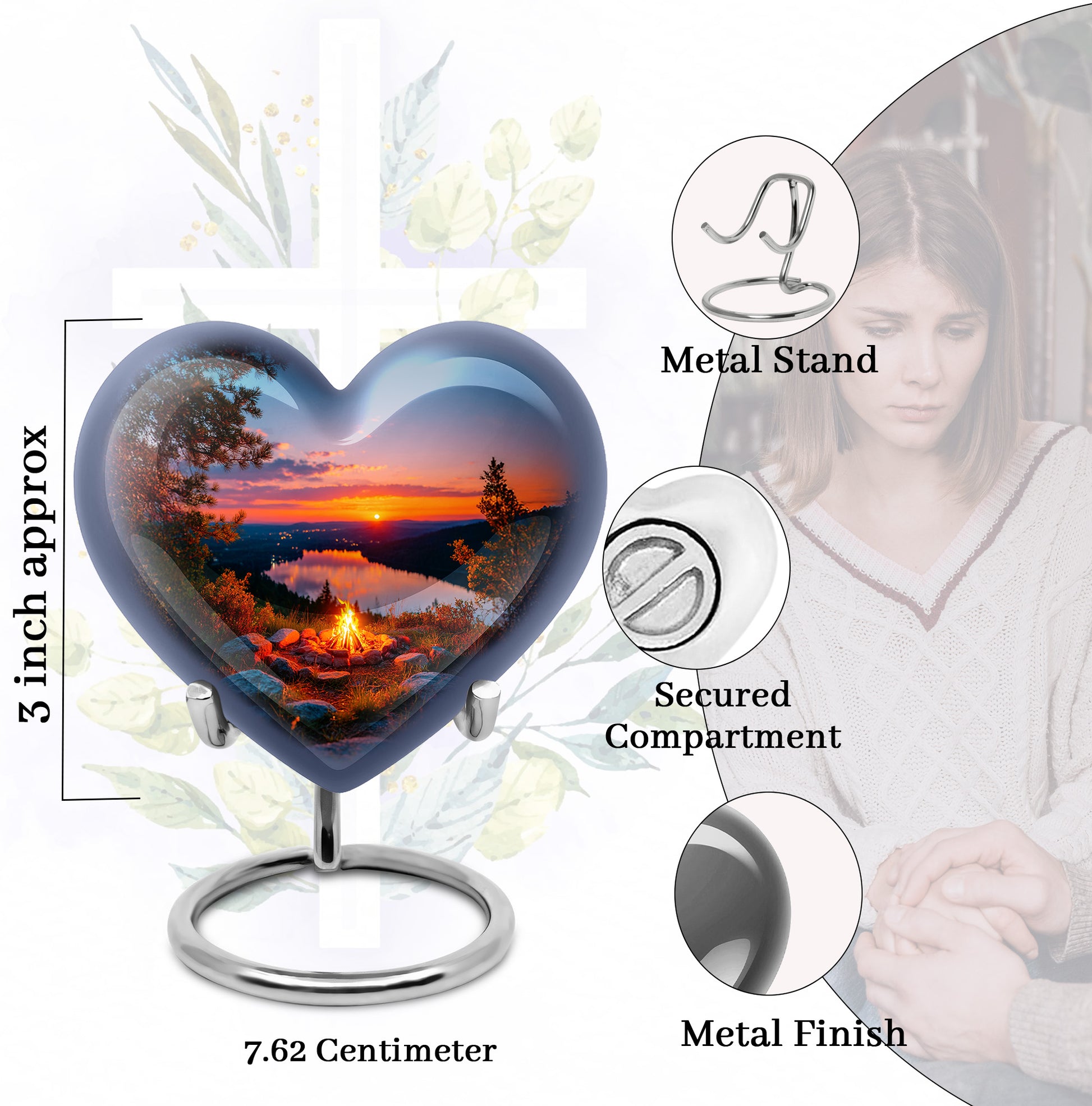 Slate Blue Campfire Cremation Urn front view showing detailed design - heart-shaped campfire design symbolizing eternal love - mini keepsake memorial for portion of cremation ashes
