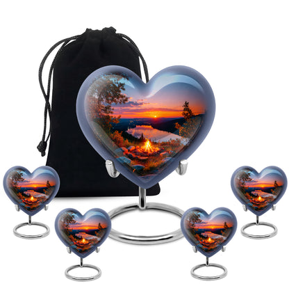 Twilight Blue Campfire Cremation Urn close-up of engraving and surface detail - romantic heart urn with campfire motif on aluminum - memorial set with one large and four small urns