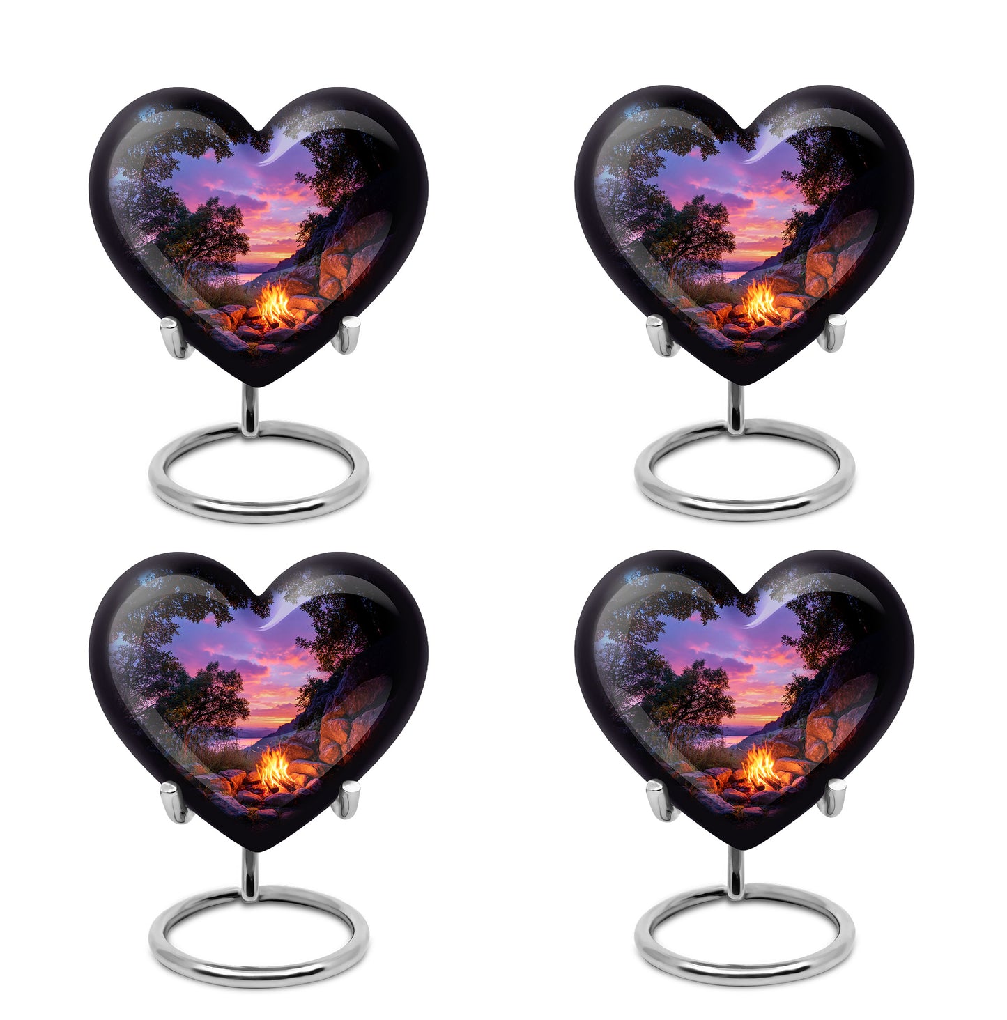 Deep Black Campfire Cremation Urn angled view of lid and engraved motif - loving heart memorial featuring campfire pattern - 10 inch aluminum urn for cremated remains