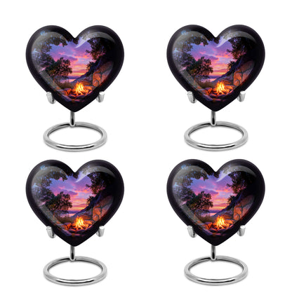 Deep Black Campfire Cremation Urn angled view of lid and engraved motif - loving heart memorial featuring campfire pattern - 10 inch aluminum urn for cremated remains