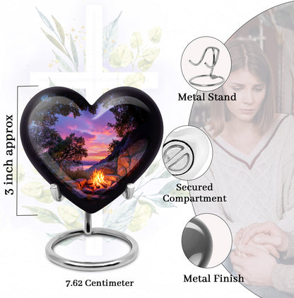 Jet Black Campfire Cremation Urn front view showing detailed design - heart-shaped campfire design symbolizing eternal love - mini keepsake memorial for portion of cremation ashes