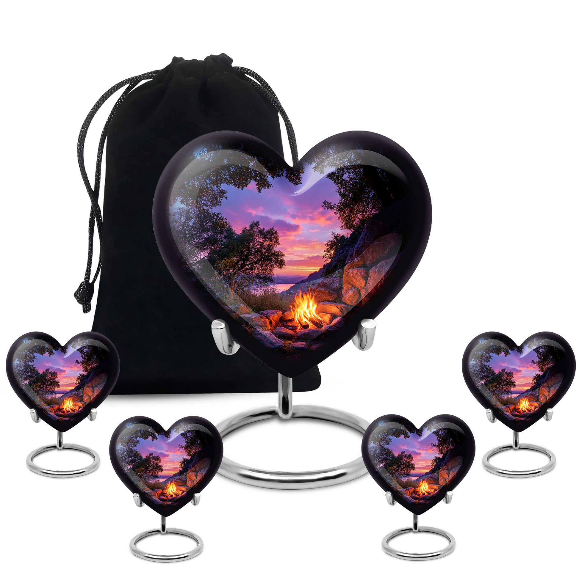 Jet Black Campfire Cremation Urn close-up of engraving and surface detail - loving heart memorial featuring campfire pattern - memorial set with one large and four small urns