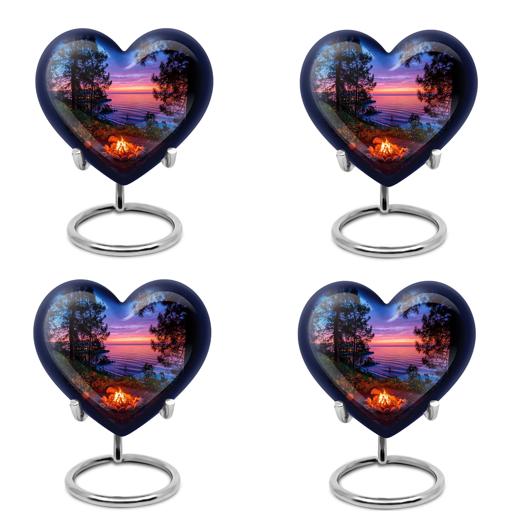 Navy Blue Campfire Cremation Urn angled view of lid and engraved motif - loving heart memorial featuring campfire pattern - 10 inch aluminum urn for cremated remains