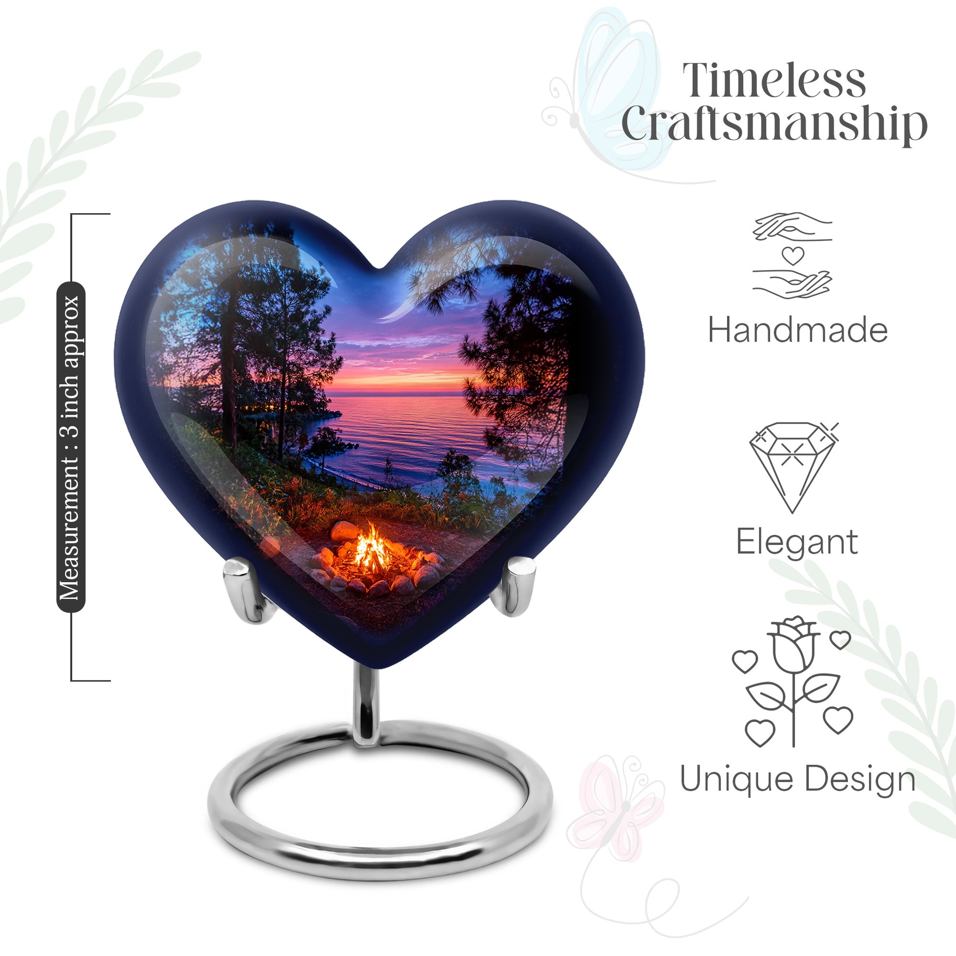 Indigo Campfire Cremation Urn front view showing detailed design - heart-shaped campfire design symbolizing eternal love - mini keepsake memorial for portion of cremation ashes