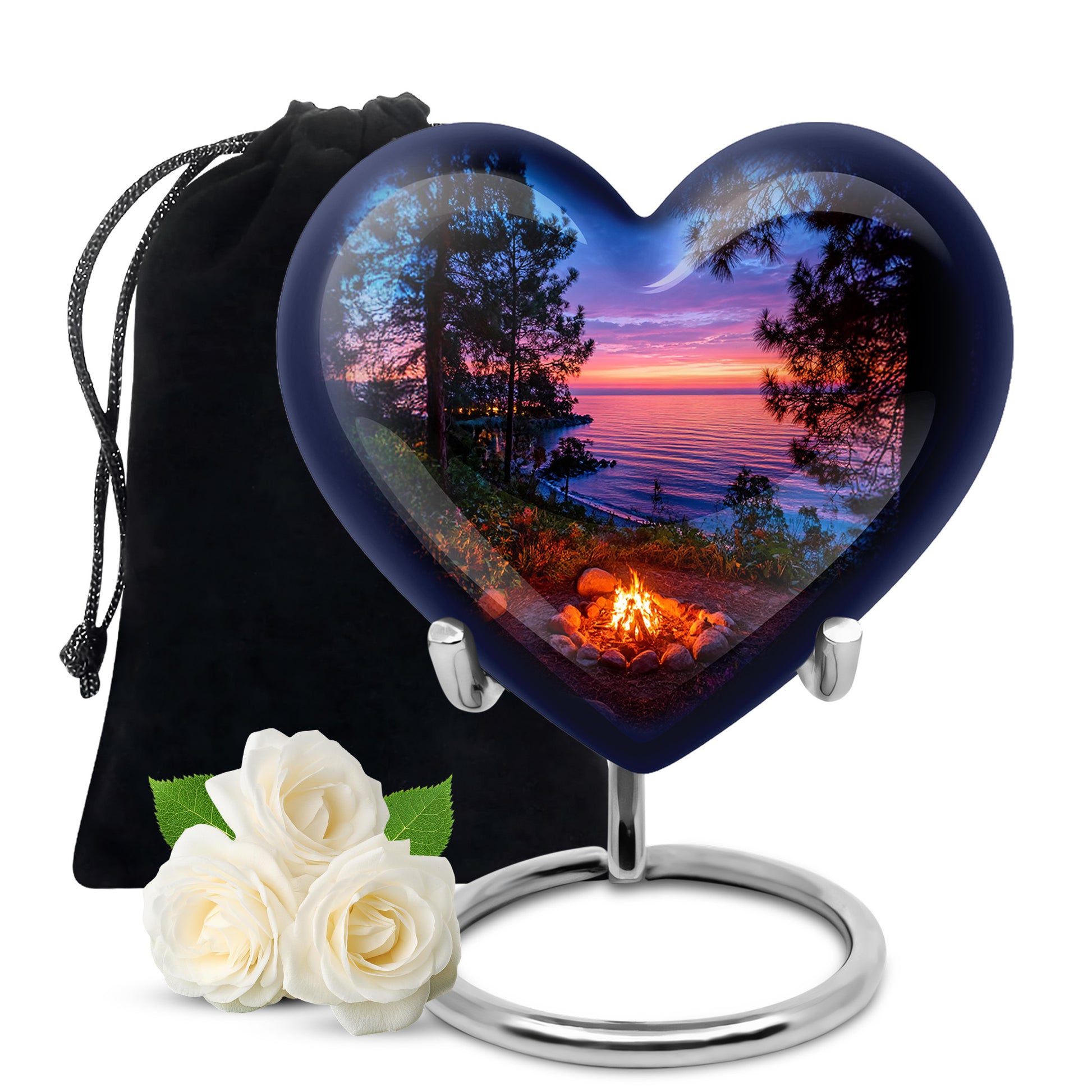 Bright Blue Campfire Cremation Urn detail view - romantic heart urn with campfire motif on aluminum - full-size 10 inch 200 cubic inch adult cremation urn
