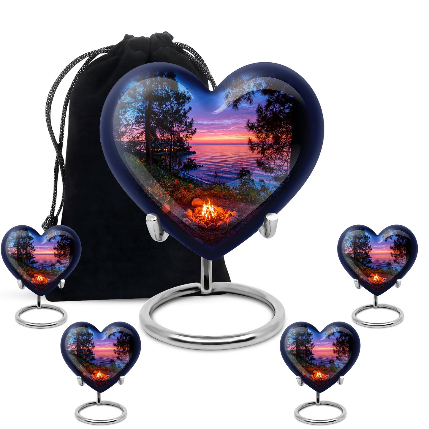 Steel Blue Campfire Cremation Urn close-up of engraving and surface detail - romantic heart urn with campfire motif on aluminum - memorial set with one large and four small urns
