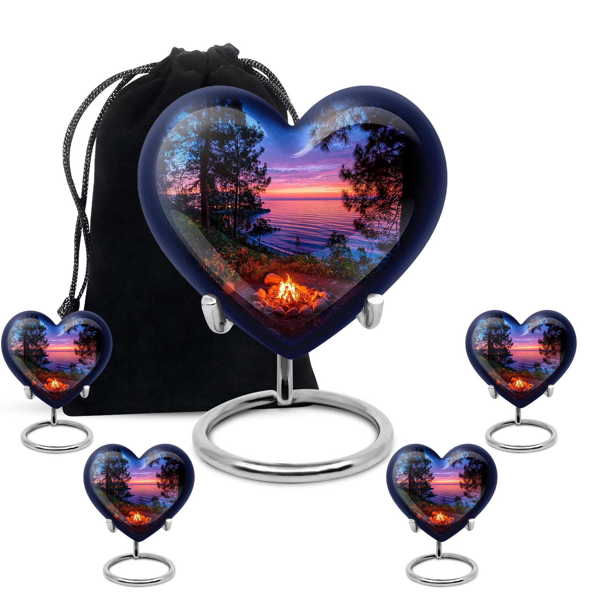 Steel Blue Campfire Cremation Urn close-up of engraving and surface detail - romantic heart urn with campfire motif on aluminum - memorial set with one large and four small urns