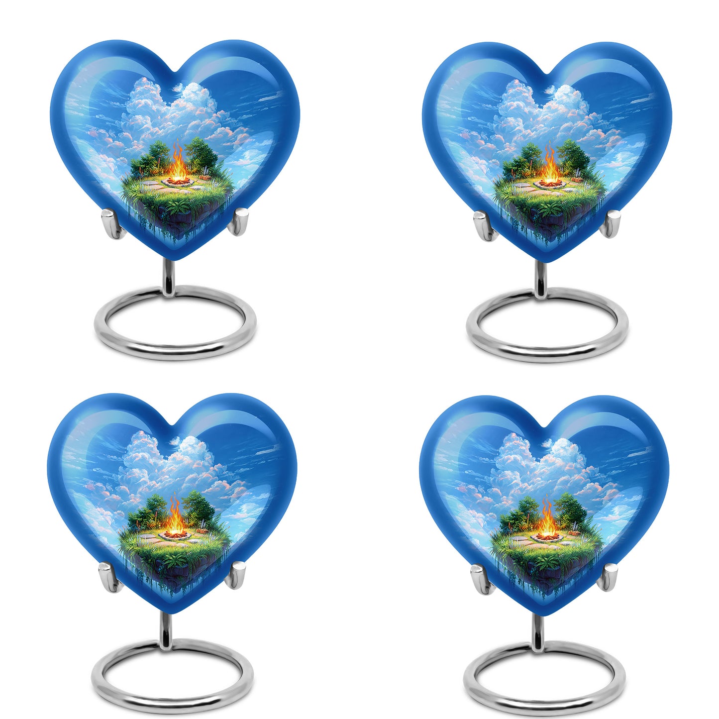 Bright Blue Campfire Cremation Urn angled view of lid and engraved motif - romantic heart urn with campfire motif on aluminum - 10 inch aluminum urn for cremated remains
