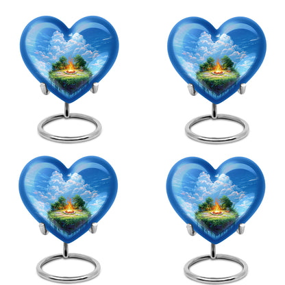 Bright Blue Campfire Cremation Urn angled view of lid and engraved motif - romantic heart urn with campfire motif on aluminum - 10 inch aluminum urn for cremated remains