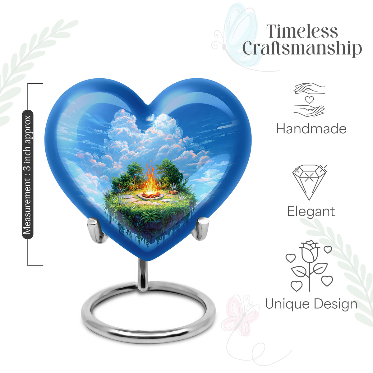 Calming Blue Campfire Cremation Urn front view showing detailed design - compassionate heart-campfire combination with gentle curves - mini keepsake memorial for portion of cremation ashes