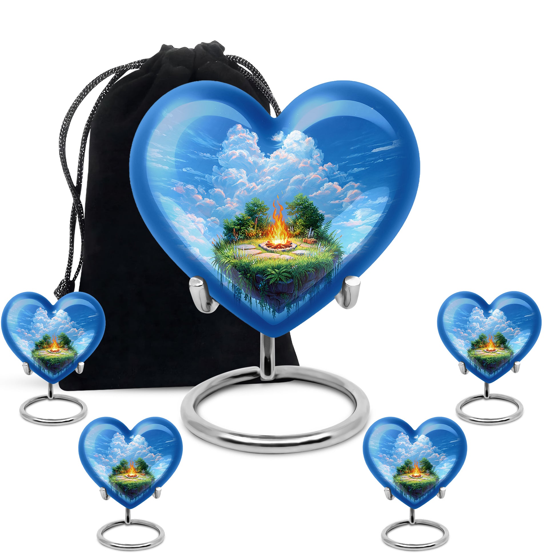 Indigo Campfire Cremation Urn close-up of engraving and surface detail - heart-shaped campfire design symbolizing eternal love - memorial set with one large and four small urns