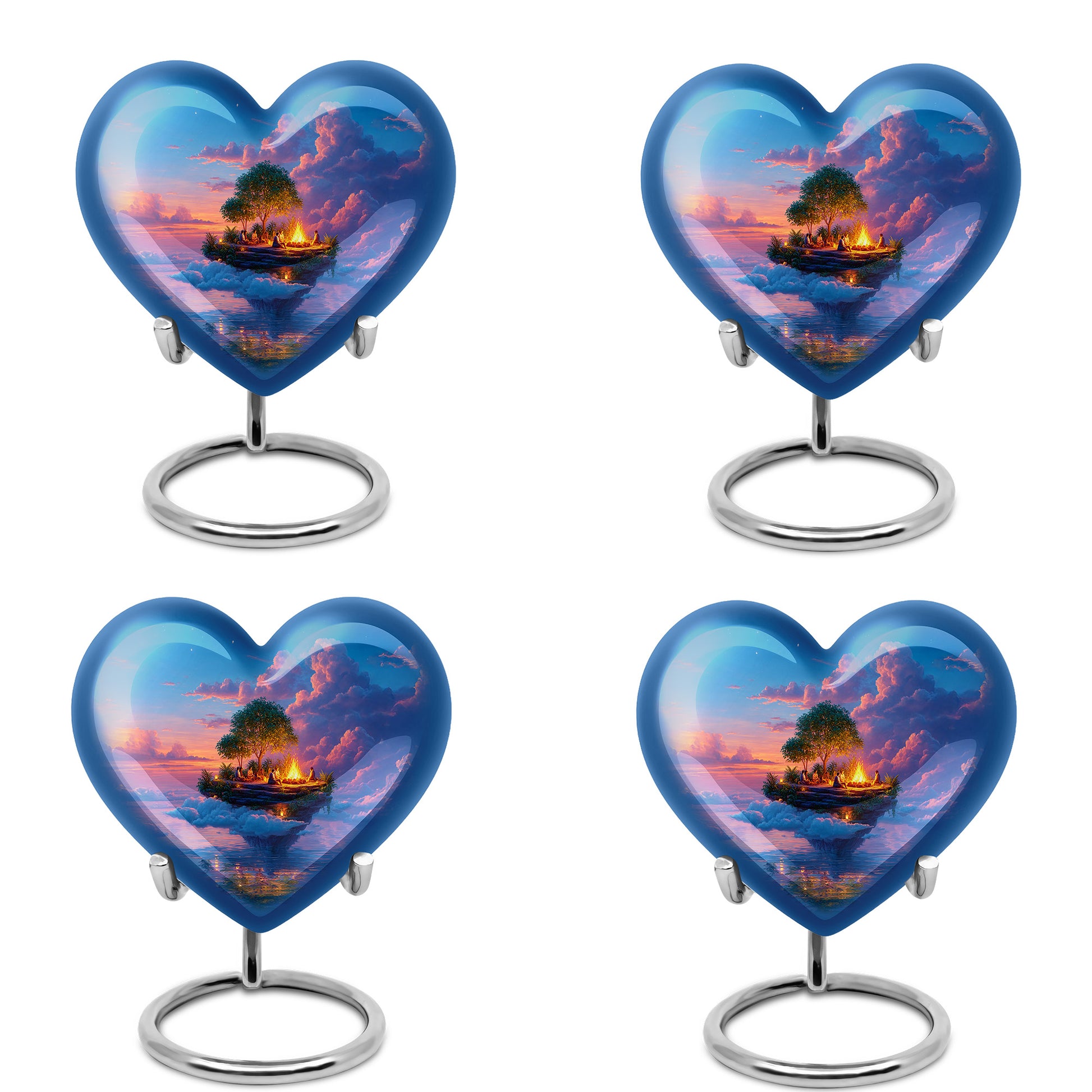 Cornflower Blue Campfire Cremation Urn angled view of lid and engraved motif - compassionate heart-campfire combination with gentle curves - 10 inch aluminum urn for cremated remains