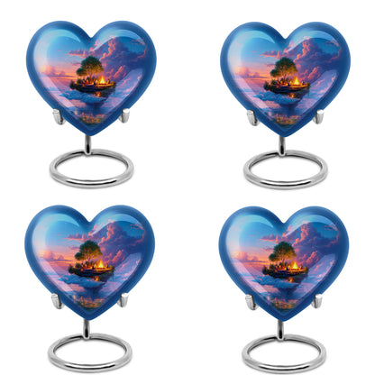 Cornflower Blue Campfire Cremation Urn angled view of lid and engraved motif - compassionate heart-campfire combination with gentle curves - 10 inch aluminum urn for cremated remains