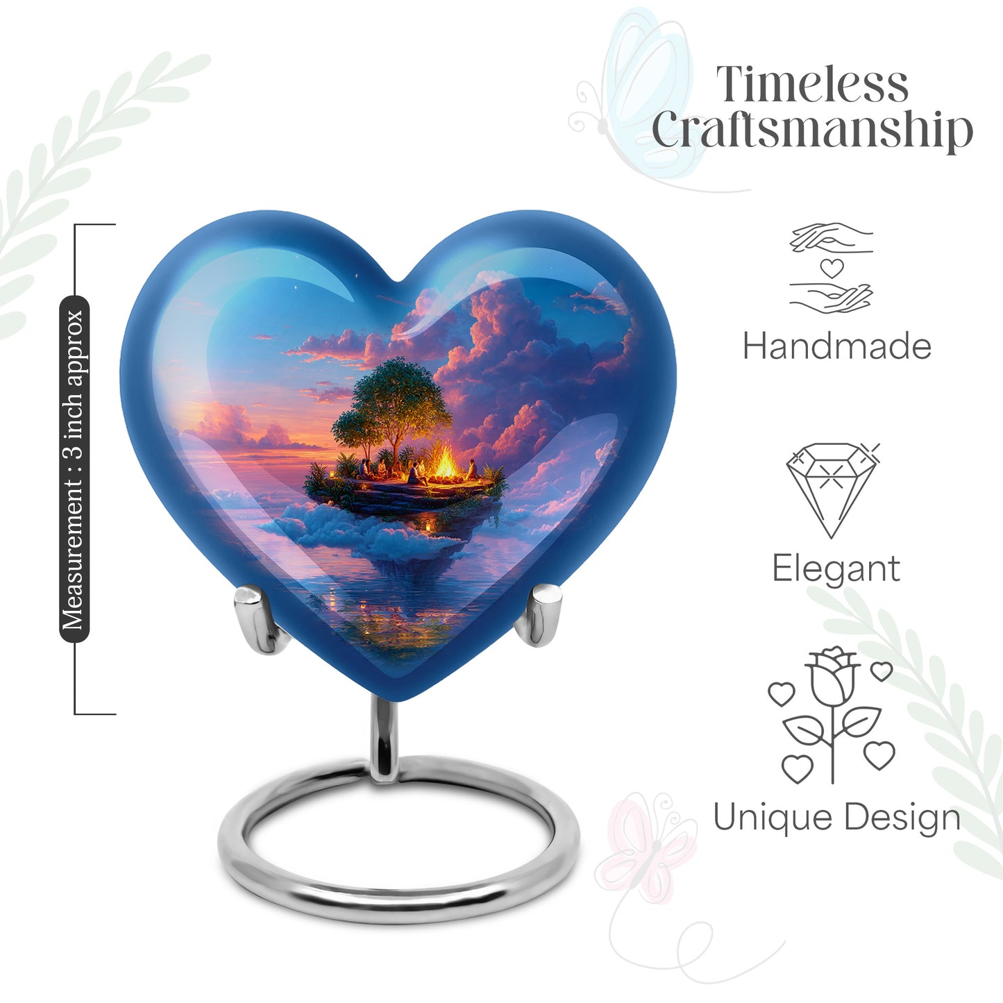 Misty Blue Campfire Cremation Urn front view showing detailed design - heart-shaped campfire design symbolizing eternal love - mini keepsake memorial for portion of cremation ashes