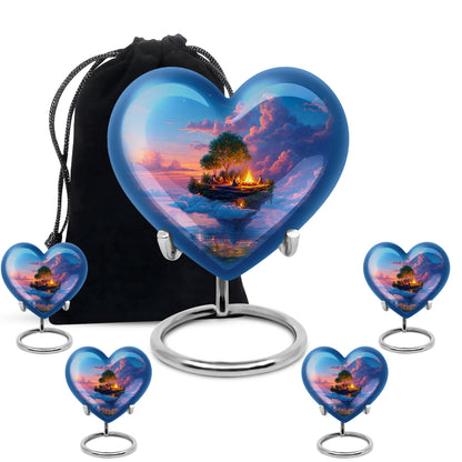 Dusty Blue Campfire Cremation Urn close-up of engraving and surface detail - loving heart memorial featuring campfire pattern - memorial set with one large and four small urns