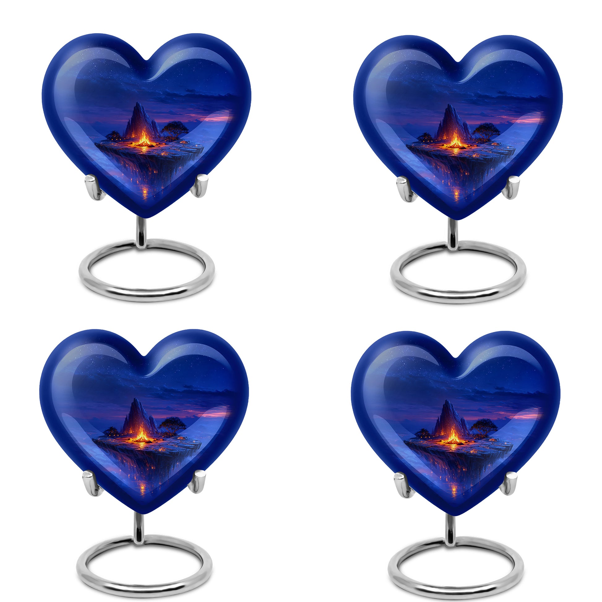 Cobalt Blue Campfire Cremation Urn angled view of lid and engraved motif - compassionate heart-campfire combination with gentle curves - 10 inch aluminum urn for cremated remains