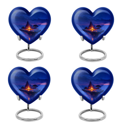Cobalt Blue Campfire Cremation Urn angled view of lid and engraved motif - compassionate heart-campfire combination with gentle curves - 10 inch aluminum urn for cremated remains
