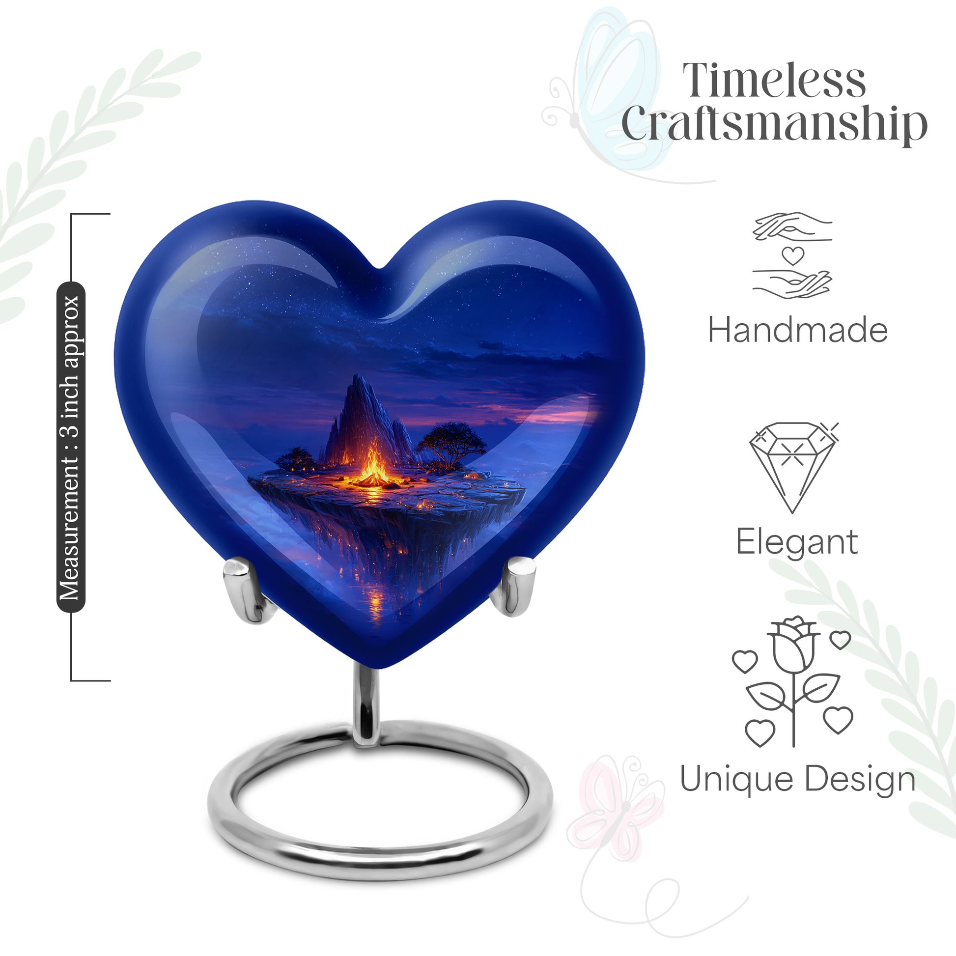 Sky Blue Campfire Cremation Urn front view showing detailed design - loving heart memorial featuring campfire pattern - mini keepsake memorial for portion of cremation ashes