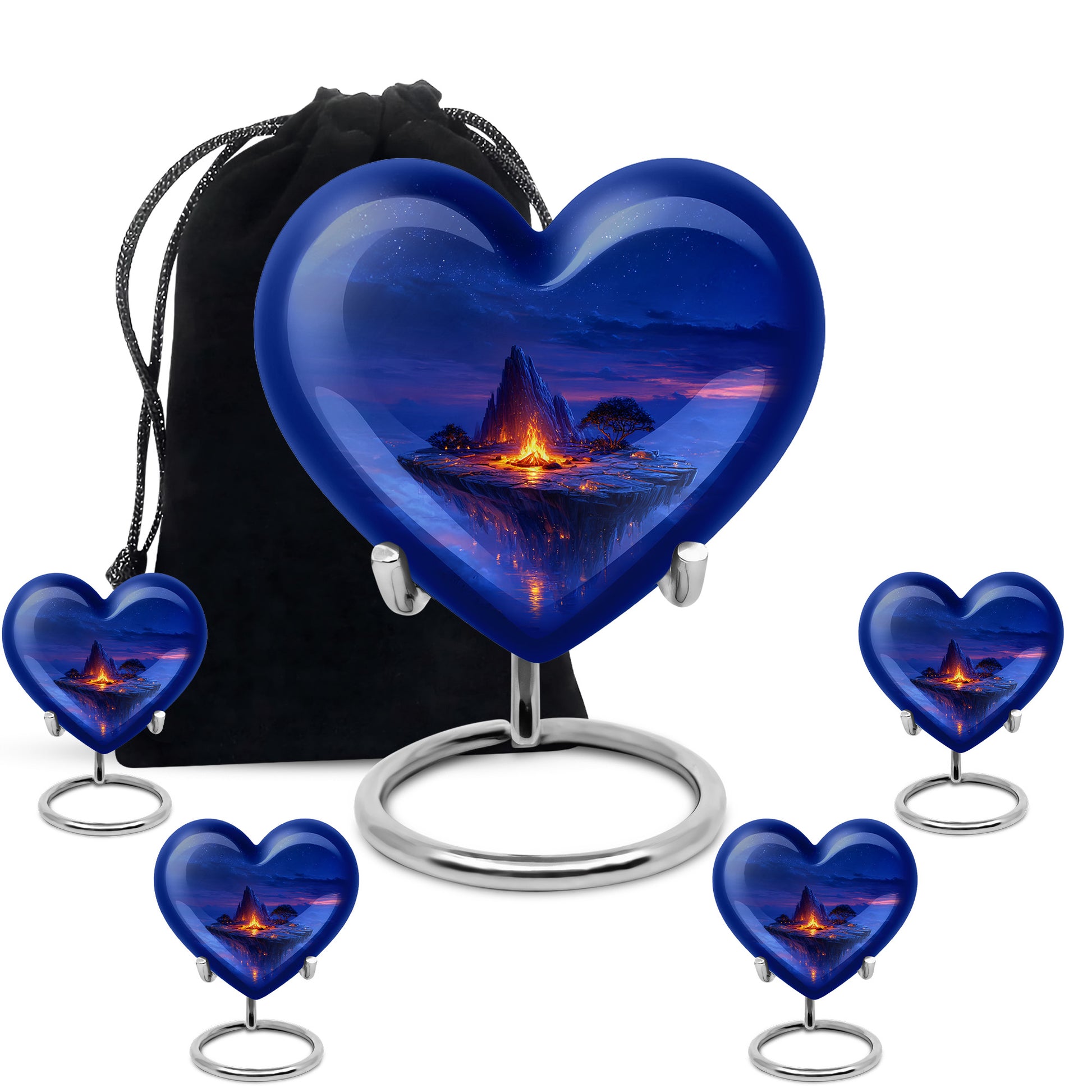 Azure Campfire Cremation Urn close-up of engraving and surface detail - loving heart memorial featuring campfire pattern - memorial set with one large and four small urns