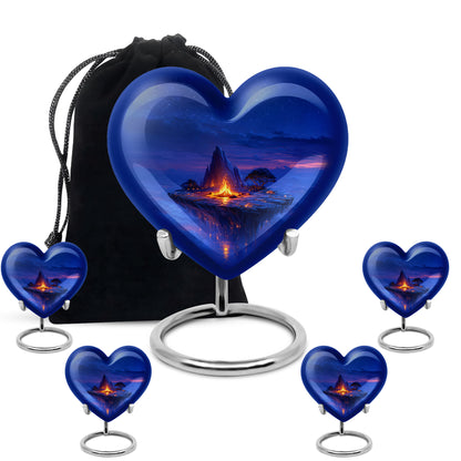Azure Campfire Cremation Urn close-up of engraving and surface detail - loving heart memorial featuring campfire pattern - memorial set with one large and four small urns