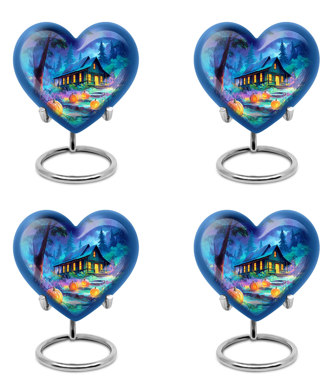 Azure Halloween Cremation Urn angled view of lid and engraved motif - heart-shaped halloween design symbolizing eternal love - 10 inch aluminum urn for cremated remains