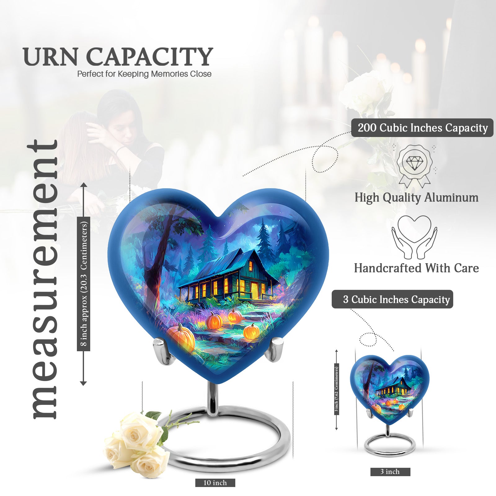 Slate Blue Halloween Cremation Urn front view showing detailed design - heart-shaped halloween design symbolizing eternal love - mini keepsake memorial for portion of cremation ashes