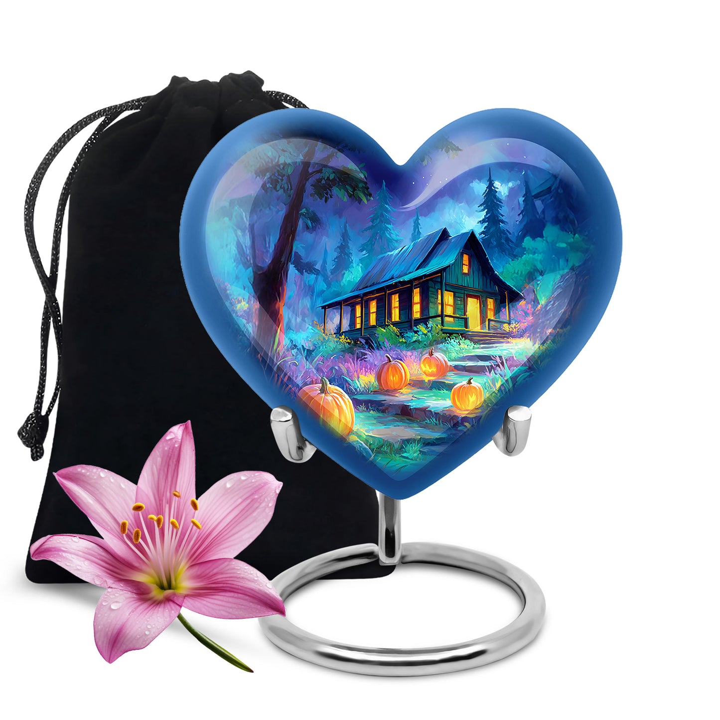 Steel Blue Halloween Cremation Urn detail view - compassionate heart-halloween combination with gentle curves - full-size 10 inch 200 cubic inch adult cremation urn