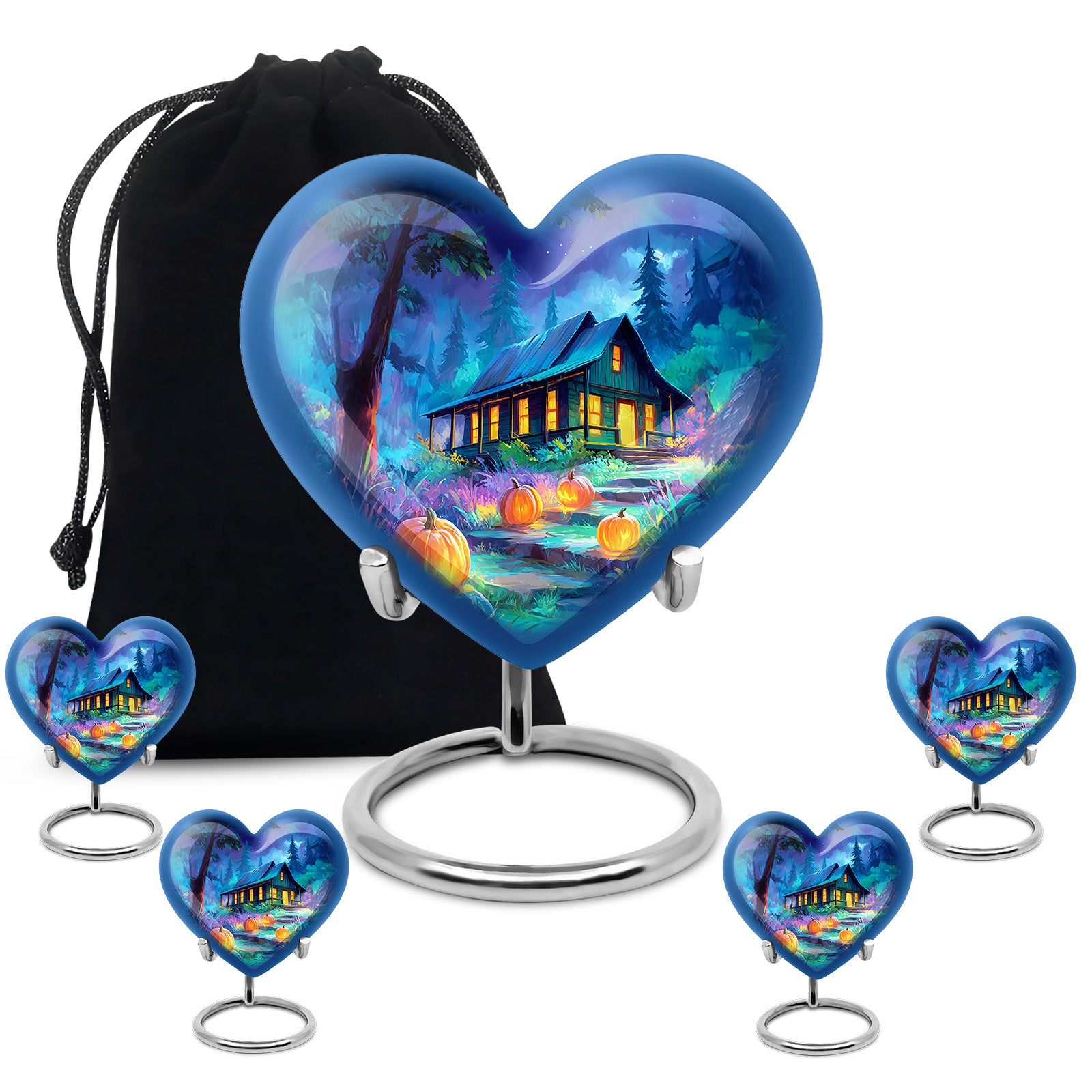 Dusty Blue Halloween Cremation Urn close-up of engraving and surface detail - loving heart memorial featuring halloween pattern - memorial set with one large and four small urns