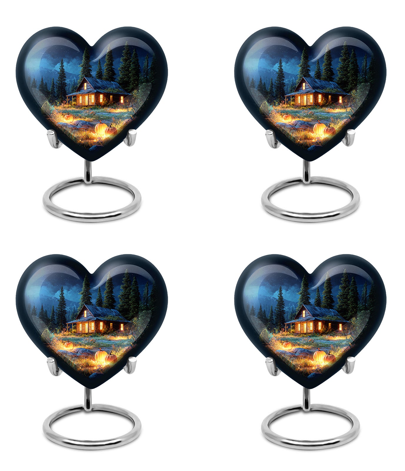 Twilight Blue Halloween Cremation Urn angled view of lid and engraved motif - compassionate heart-halloween combination with gentle curves - 10 inch aluminum urn for cremated remains
