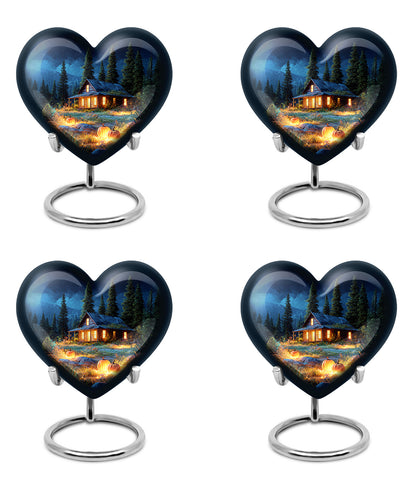 Twilight Blue Halloween Cremation Urn angled view of lid and engraved motif - compassionate heart-halloween combination with gentle curves - 10 inch aluminum urn for cremated remains