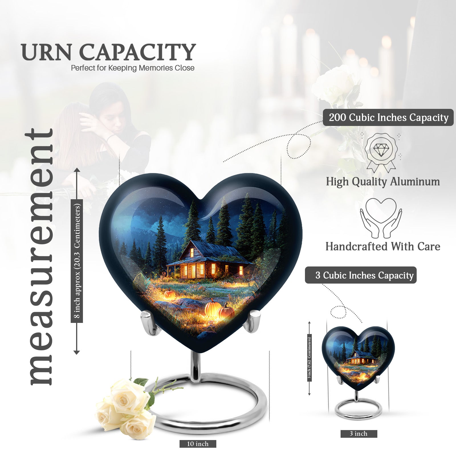 Azure Halloween Cremation Urn front view showing detailed design - loving heart memorial featuring halloween pattern - mini keepsake memorial for portion of cremation ashes