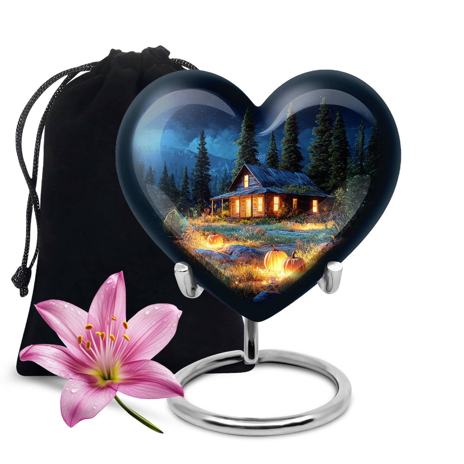 Navy Blue Halloween Cremation Urn detail view - heart-shaped halloween design symbolizing eternal love - full-size 10 inch 200 cubic inch adult cremation urn