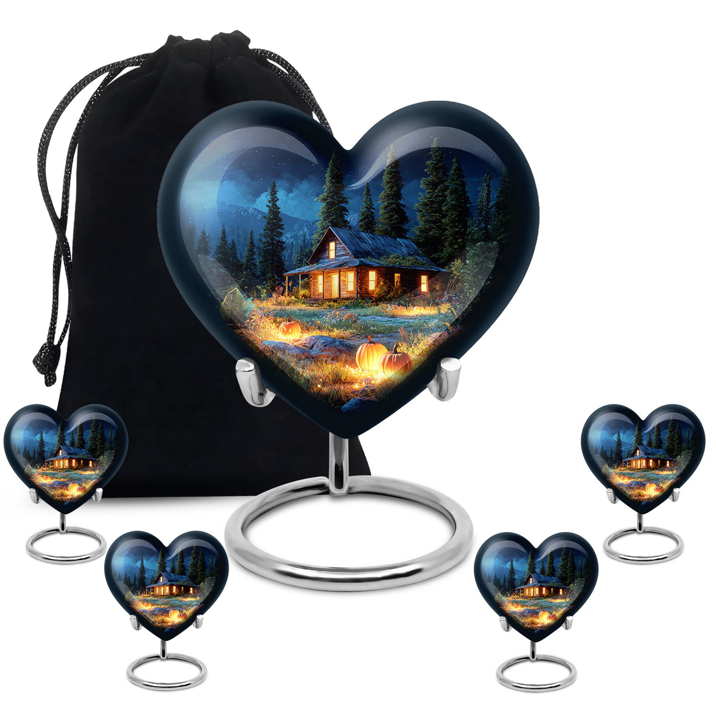 Royal Blue Halloween Cremation Urn close-up of engraving and surface detail - romantic heart urn with halloween motif on aluminum - memorial set with one large and four small urns